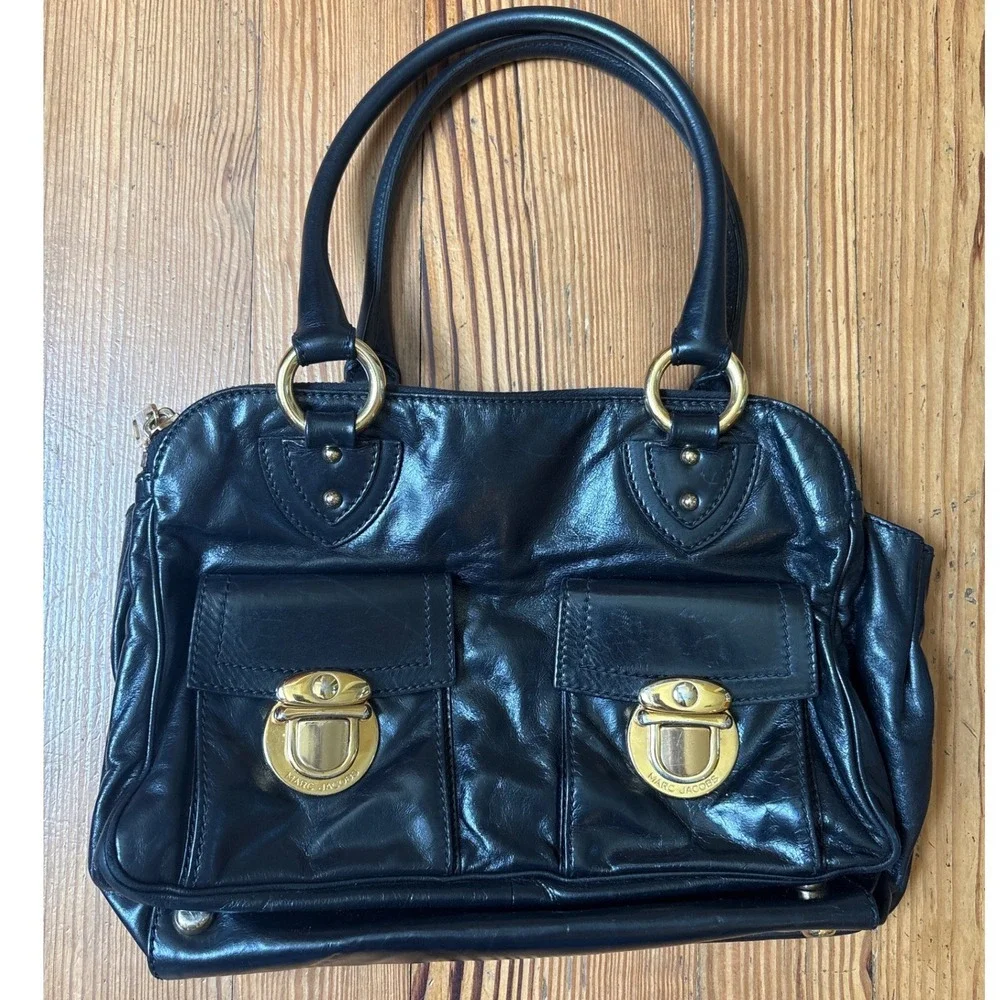 Marc Jacobs Satchel Bag Women Black Leather Gold Push Lock Vintage SIZE Medium